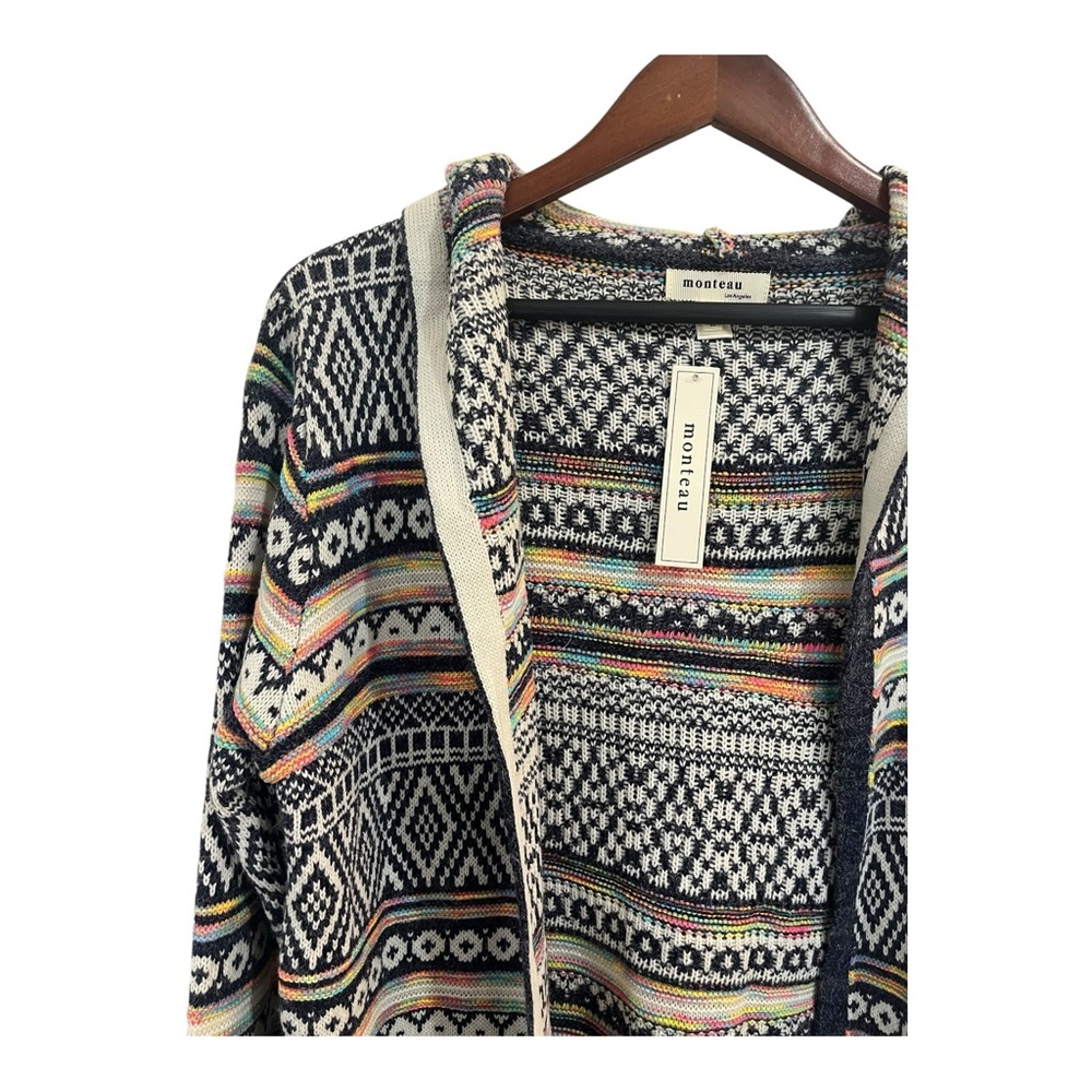 Monteau Women’s Fair Isle Cardigan Open Front Hooded Rainbow Large - Picture 2 of 12